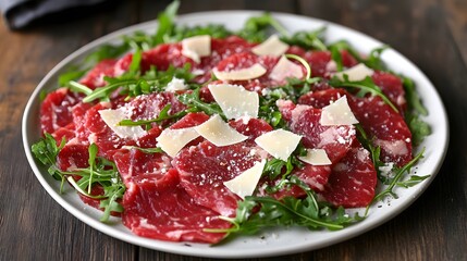 A delicate plate of beef carpaccio garnished with arugula