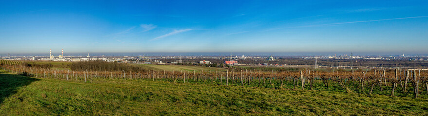 View from the vineyards on Laaer Berg next to Oberlaa in Favoriten (1100) down to Simmering (1110) over Zentralfriedhof winter in Vienna, Austria. Vienna city hiking path 7