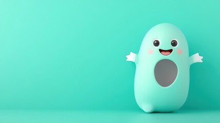 Cute teal character with a smiling face and open arms.