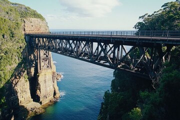 A train is seen crossing a bridge over calm water, providing a scenic view