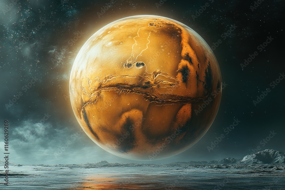 Poster a celestial body with a distinctively shaped face in its center, suitable for use in illustrations r
