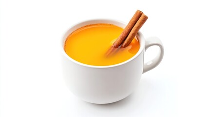 A cup of bright orange beverage with cinnamon sticks.