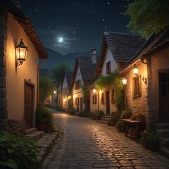 A tranquil night scene in a small village, where lanterns and torches light the cobblestone streets.