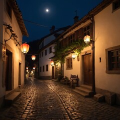 A tranquil night scene in a small village, where lanterns and torches light the cobblestone streets.