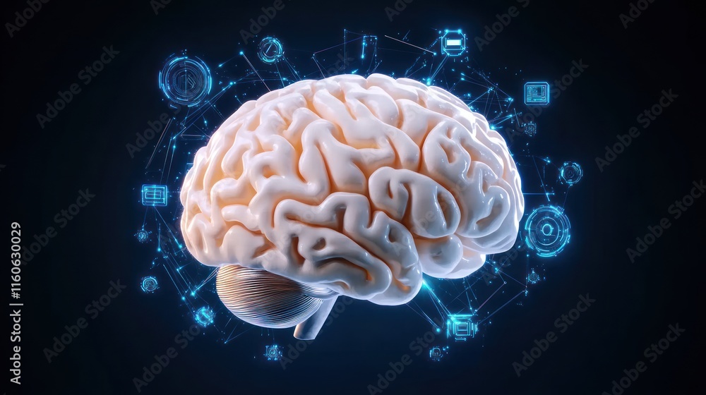 Poster a glowing brain surrounded by digital icons representing knowledge.