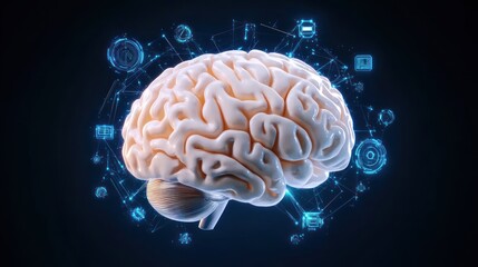 A glowing brain surrounded by digital icons representing knowledge.
