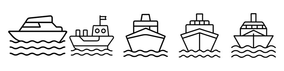 Line Icons of Boats and Ships on Waves - Minimalistic line icons depicting various watercraft, including yachts, cargo ships, cruise liners, and boats, ideal for maritime designs.