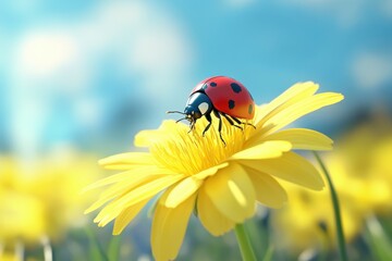 Fototapeta premium A ladybug sits atop a bright yellow flower, surrounded by colorful blossoms under a clear blue sky. The scene captures the essence of spring with lively colors and nature.