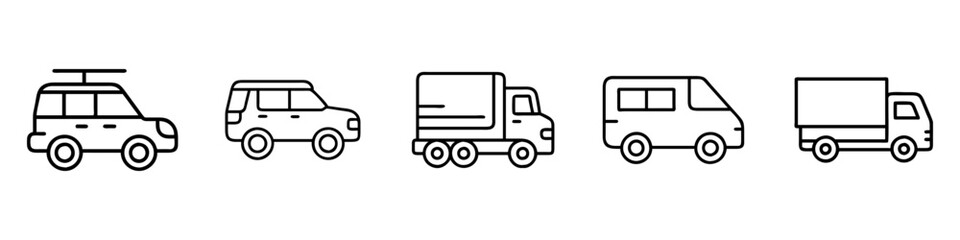 Line Icons of SUVs and Commercial Vehicles - Set of minimalistic line icons featuring SUVs, commercial trucks, and vans, ideal for transportation and vehicle-related designs.