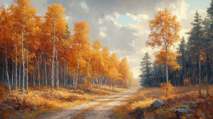 Fototapeta premium A scenic view of a dirt road flanked by trees, suitable for rural landscape or nature-inspired backgrounds