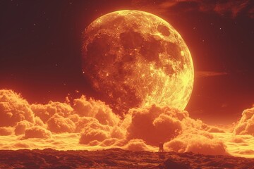Breathtaking view of a large orange moon rising above fluffy clouds during a dramatic twilight sky