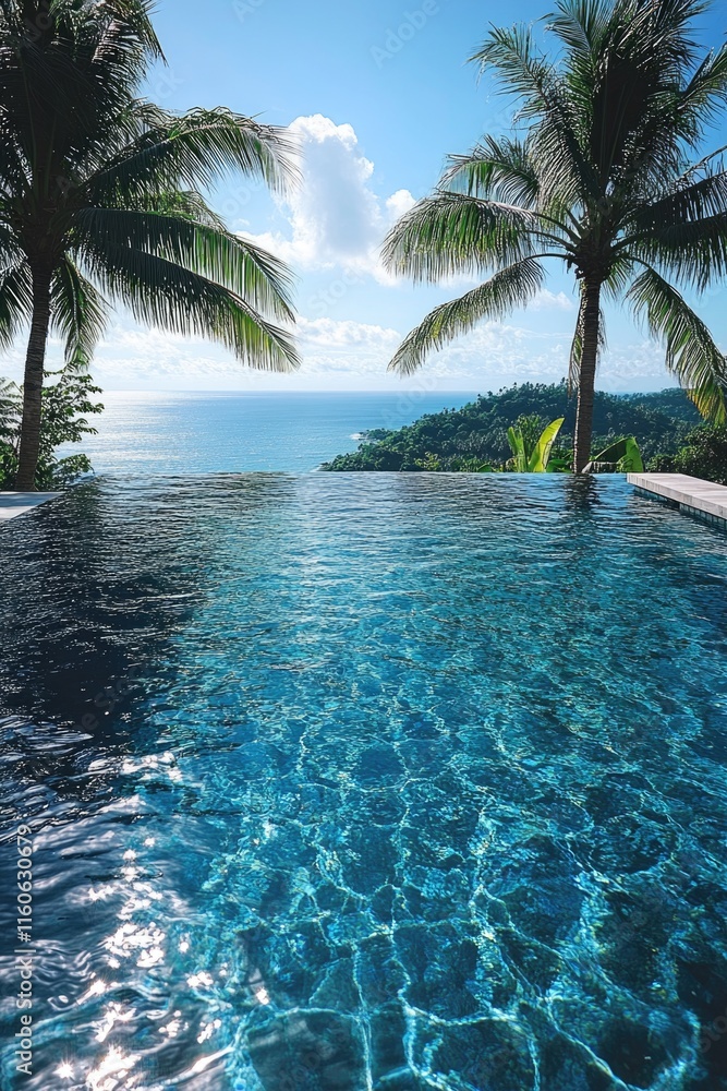 Poster a pool surrounded by palm trees and overlooking the ocean, perfect for a relaxing getaway