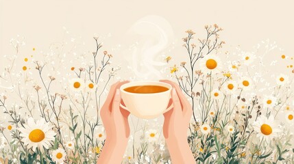 Hands holding a steaming cup of tea in a daisy field.
