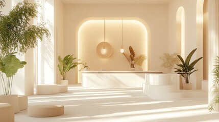 Minimalist beige reception area with plants and sunlight.