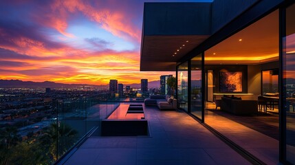 Fototapeta premium A breathtaking sunset view from the glass exterior of a contemporary city home.