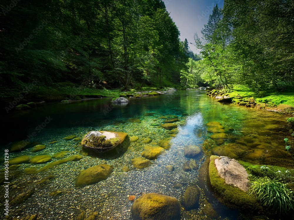 Poster serene river scene. crystal-clear water flows over smooth rocks, reflecting the lush green forest. s