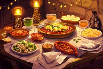 Ramadan Festive table with traditional cuisine Ramadan night food illustration 