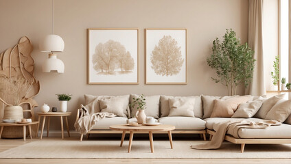 An Elegant Beige Living Room Decorated with Contemporary Elements: A Space for Comfort and Style