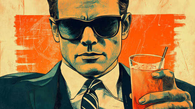 Retro-Style Illustration of a Man with Sunglasses Holding a Drink