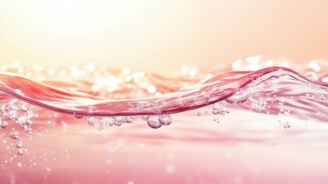 Closeup of pink transparent clear calm water surface texture with splashes and bubbles. Trendy abstract summer nature background. Coral colored waves in sunlight realistic - Powered by Adobe