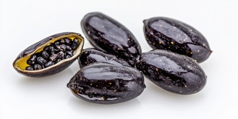 A group of black beans sitting on a clean white surface, ideal for use in illustrations, designs, or as a decorative element