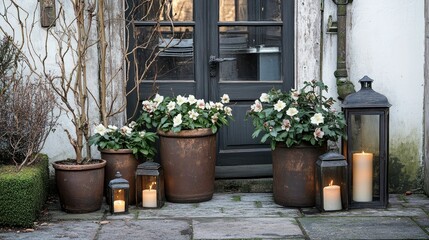 Fototapeta premium A charming winter garden setup with Helleborus Niger in aged pots and rustic lanterns, exuding seasonal warmth and beauty.