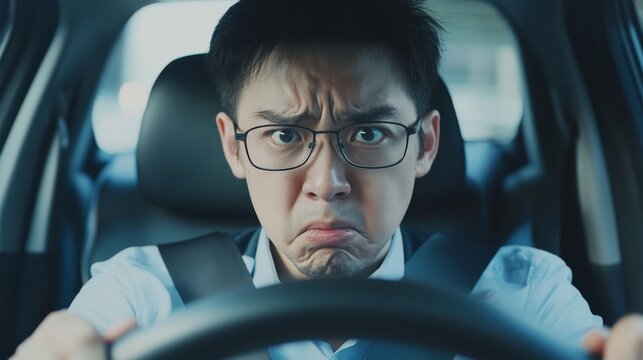 Engine problems causing traffic issues. Frustrated driver fidgets in their seat