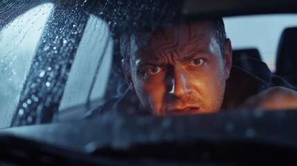 Foggy headlights in the rain. Worried driver squints through the mist