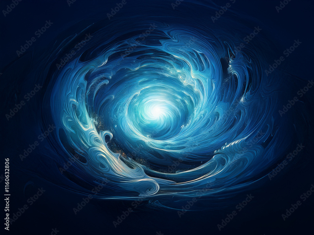 Poster a swirling vortex of luminous blue water, creating a mesmerizing, ethereal tunnel leading to a brigh