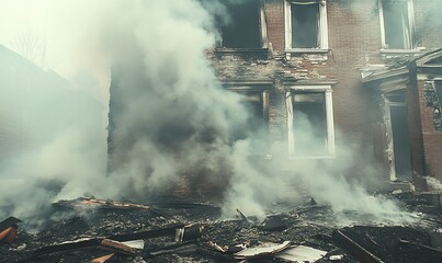 Smoke billows from a fire-damaged brick building, debris scattered below.