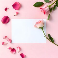 Blank greeting card mockup with scattered rose petals and a single delicate rose. Light pink textured background for romantic designs
