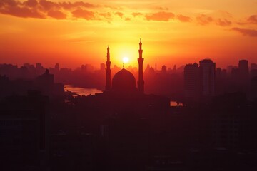 Naklejka premium A beautiful sunset illuminates the sky above Cairo, casting a warm glow over a prominent mosque and the city's skyline, creating a serene and tranquil atmosphere.