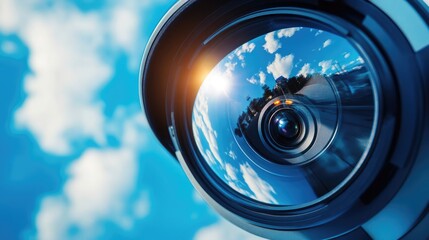 Close-up of a drone camera lens reflecting a clear blue sky and clouds, symbolizing aerial technology