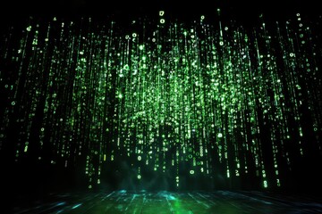 A stunning display of green binary code cascades like rain in a dark digital space, creating an immersive atmosphere that evokes a sense of high-tech innovation and data flow.