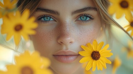 A close-up view of a woman with a flower covering her face, conveying emotions and mystery