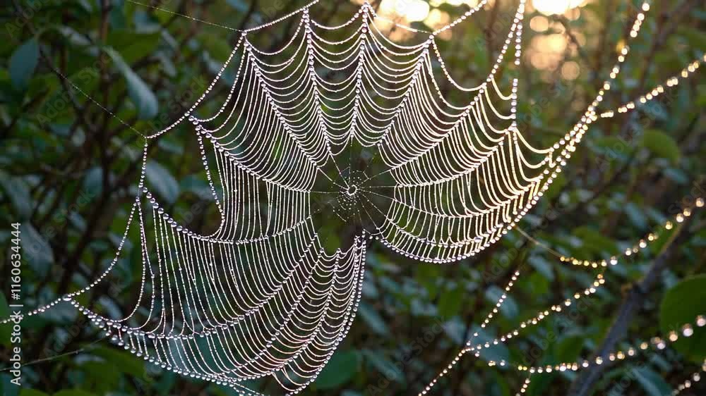 Poster detailed view of a spiderweb covered in dew droplets, glistening in sunlight with a soft bokeh backg