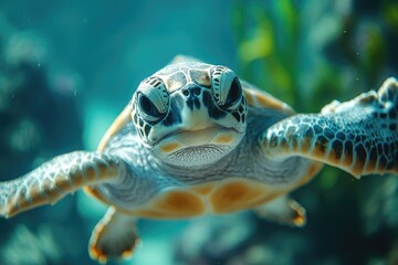 A close-up view of a turtle swimming in an aquarium