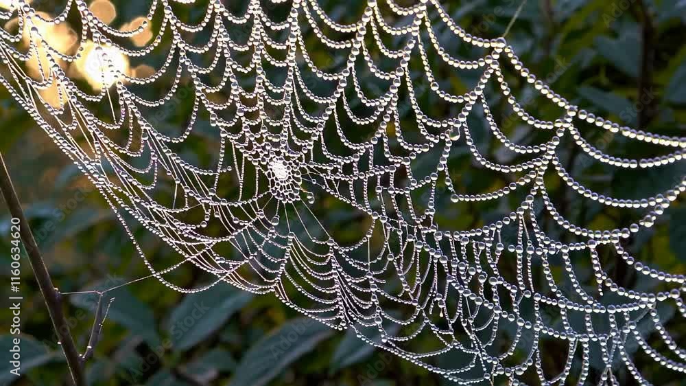 Poster detailed view of a spiderweb covered in dew droplets, glistening in sunlight with a soft bokeh backg