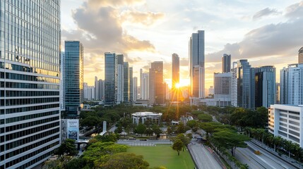Fototapeta premium Urban skyline with sun setting behind modern skyscrapers and green park.