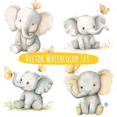 Watercolor Baby Elephants with Butterflies   Vector Set