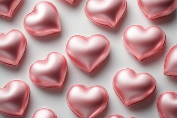 A selection of pink heart shaped chocolates placed on a white surface, perfect for packaging or branding ideas