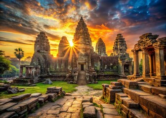 Naklejka premium Angkor Thom Bayon Temple Ruins - Sunrise Majesty