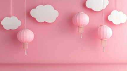 Obraz premium Pink Paper Lanterns Clouds Asian Decor 3D Render Festive Background