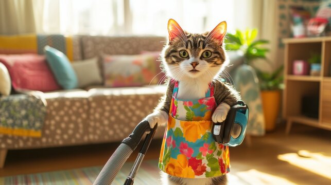 A playful cat wearing a colorful cleaning apron, holding a vacuum cleaner, tidying up a cozy living room, bright sunlight streaming through the window, cheerful atmosphere, whimsical details