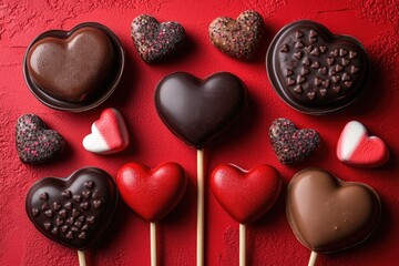 Fototapeta premium A variety of colorful chocolates arranged on a bright red surface, perfect for product or food photography