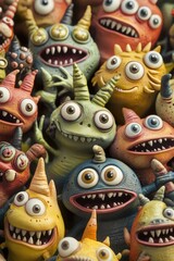 A group of colorful toy monsters with large eyes sitting on a shelf or table