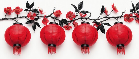 Festive Red Lanterns Cherry Blossoms Chinese New Year Decor