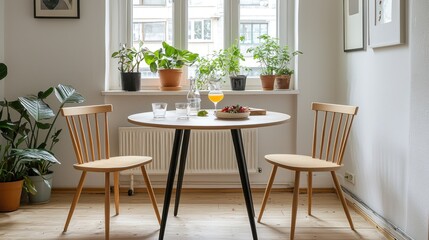 Cozy dining area with plants, drinks, and a simple table setup.