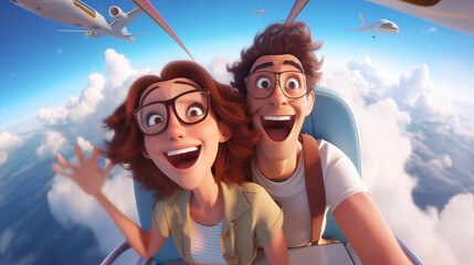 Excited  cartoony Couple Enjoying a Thrilling Airplane Ride Above the Clouds