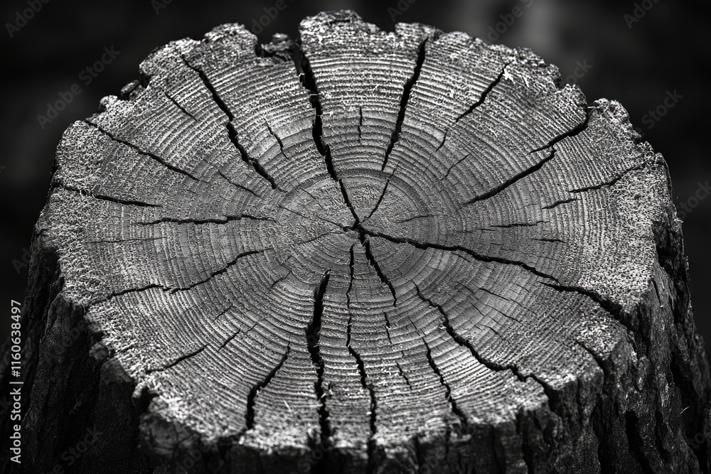 Poster a close-up shot of a tree stump in grayscale, suitable for use in editorial or news contexts